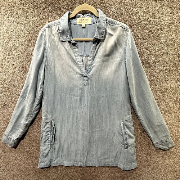 cloth & stone Tops - Cloth & Stone Adalie Shirt Dress Small Blue Lyocell Roll Tab Sleeve V Neck Tunic